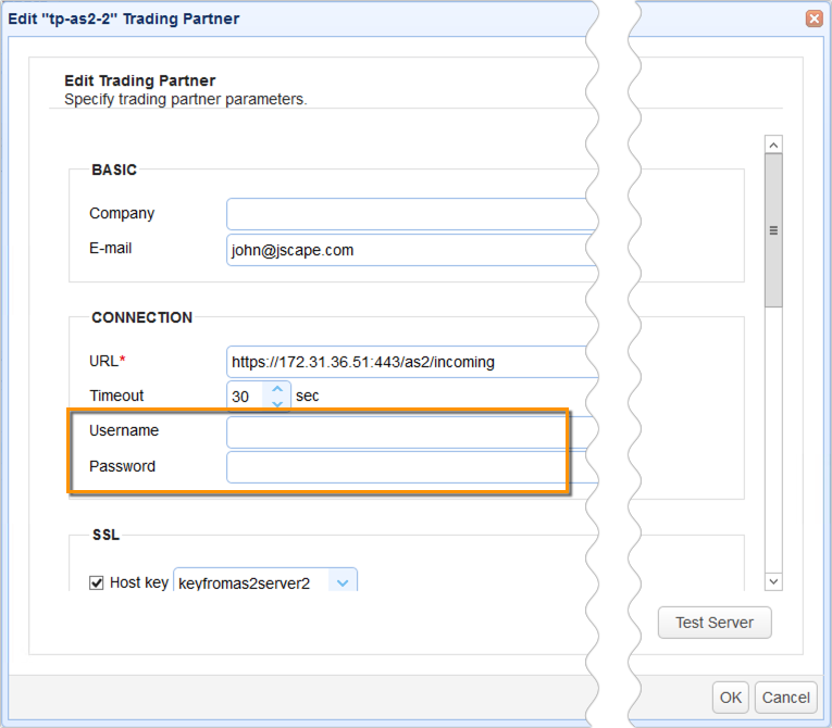 as2 trading partner username and password